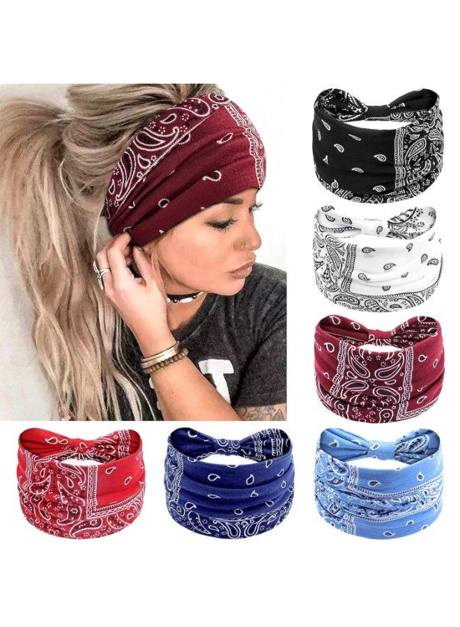 CLENEA Wide Headbands for Women Knotted No Slip Head Bands Soft Turban Headband Hair Accessories Boho African Solid Color Head Wraps for Women Yoga Workout Pack of 6(Boho) - Image 1